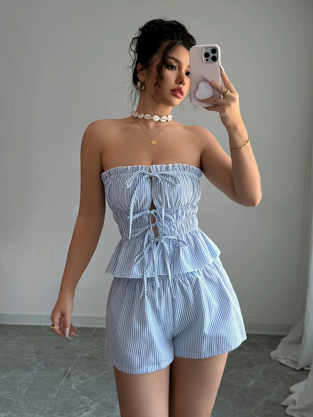 ZARA Sleeveless Striped Ruffle Hem Tie Back Tank Top Elastic Waist Shorts Set